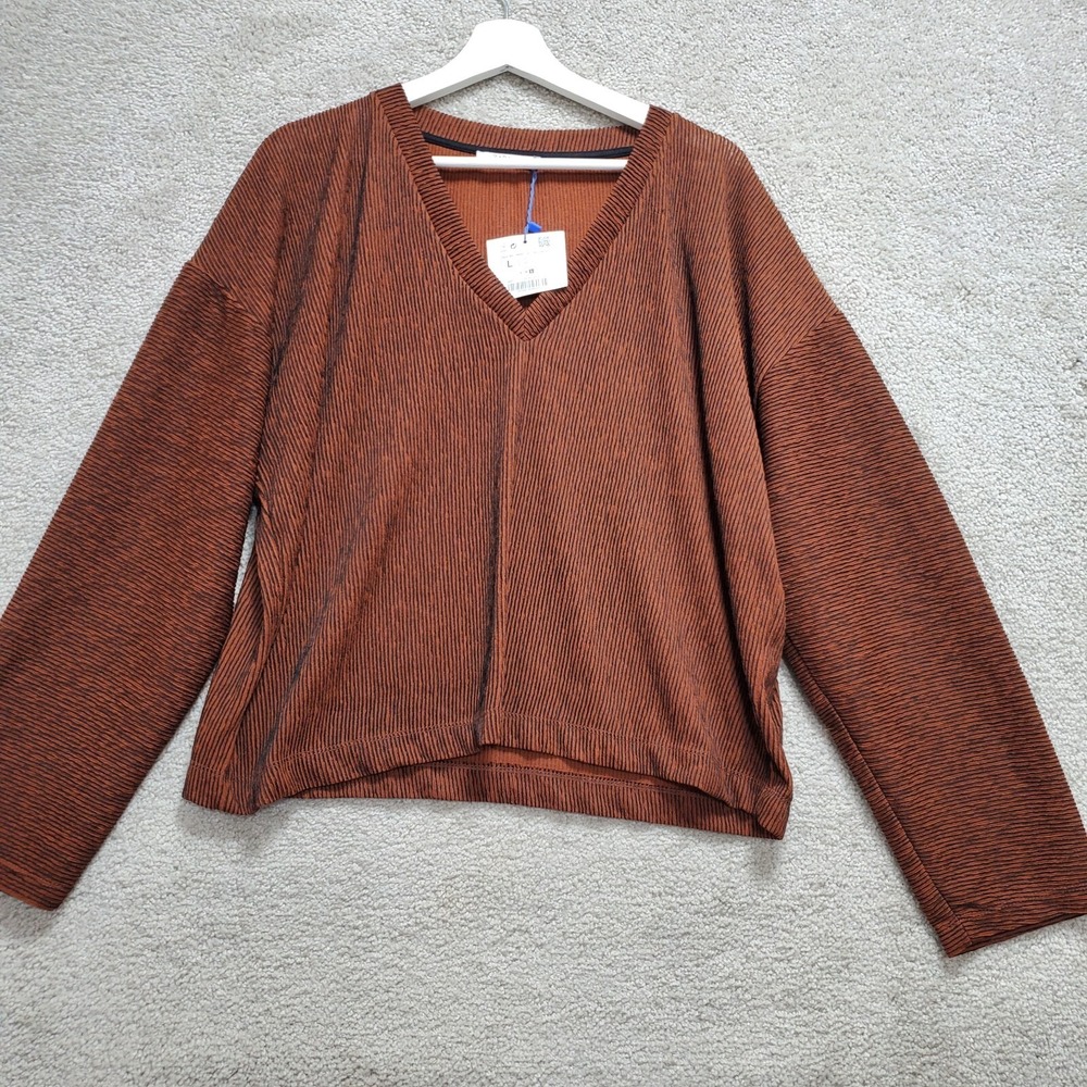 Zara Trafaluc Blouse Top Women's Large Brown  Striped V-Neck Pullover Sweatshirt